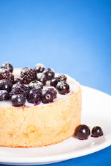 Part of blueberry mini cake on blue background