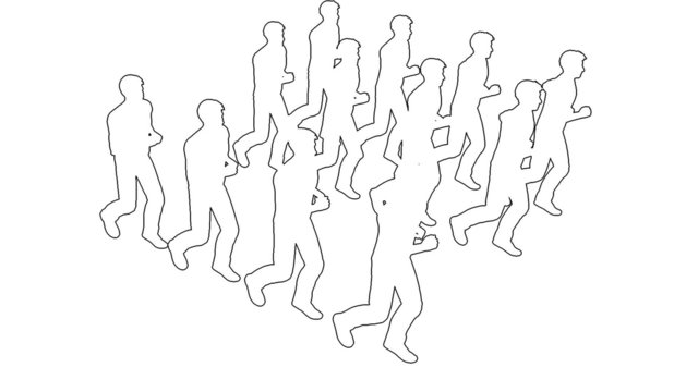 3d line animation of Silhouettes of people running - separated on white screen