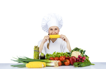 beautiful young chef woman prepare and decorating tasty food in