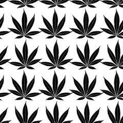 Seamless marijuana black leaves on white background pattern.