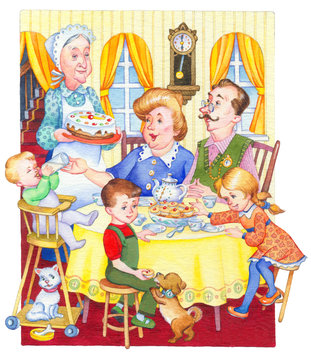 Watercolor illustration. Happy family for a festive tea