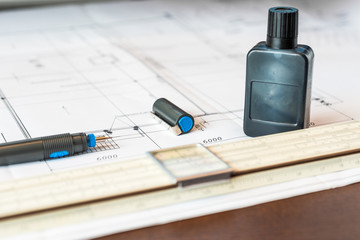 Workplace of engineer, tools for sketching and plan of the commu