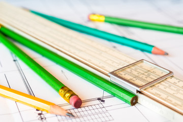 Tools for sketching, a pencils and scheme on the table. Angle vi