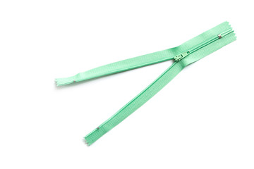 Green clothing zipper isolated on white background