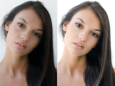 Portrait of a girl before and after retouching with photoshop.