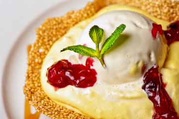 cake with jam ice cream