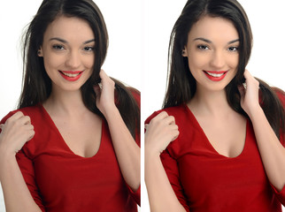 Woman smiling before and after retouching with photoshop.