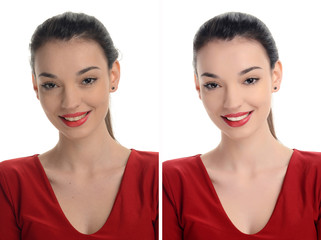 Woman smiling before and after retouching with photoshop.