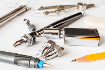 Drawing desk with tools for drawing. Angle view
