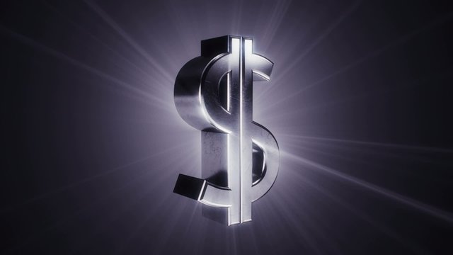 Metal dollar sign is rotating slowly, endless loop