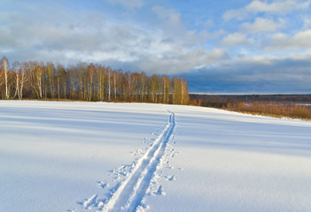 Ski track. Winter scene in Central Russia