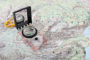 Compass on a hiking map of the Berchtesgaden Alps