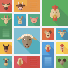 Colorful flat farm animals icons with long shadow