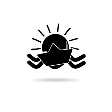 sun icon with paper boat black vector illustration