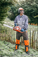 Professional gardener with chainsaw