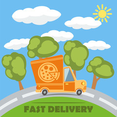 Fast delivery van truck with pizza vinyl logo. Vector.