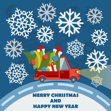 Christmas and New Year greeting card with delivery van