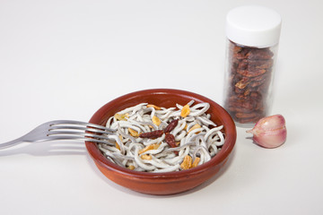 Bowl with imitation young eels cooked