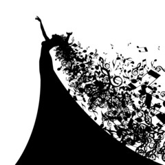 Silhouette of Opera Singer with Long Hair Like Musical Notes - obrazy, fototapety, plakaty
