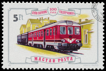 Stamp printed in Hungary shows locomotive