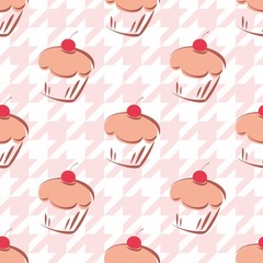 Tile vector background cupcake on pink houndstooth pattern