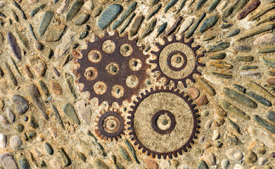 Pavement texture with gears and bricks in Montjuic, Barcelona, S