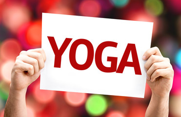 Yoga card with colorful background with defocused lights