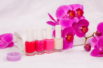 Fototapeta na wymiar Nail polish for french manicure decorated with orchid flower