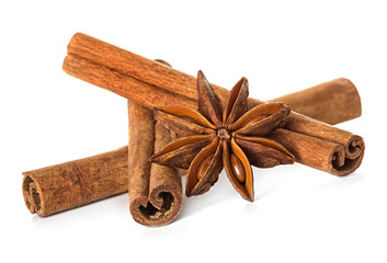 Anise and cinnamon isolated on white background