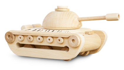 wooden model of tank on the white background