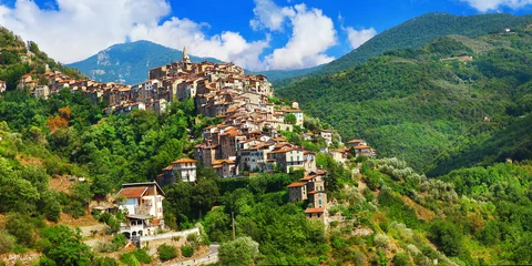 Poster Apricale - prachtig middeleeuws dorp op een heuveltop. Ligurië, Italië © Freesurf