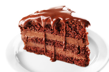 Delicious chocolate cake on plate on table on light background