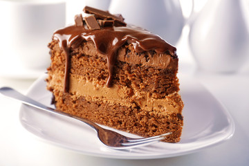 Delicious chocolate cake on plate on table on light background