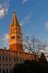 Sunset in Venice, Campanila bell tower at piazza San Marco