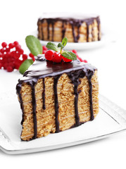 Chocolate cake on white table