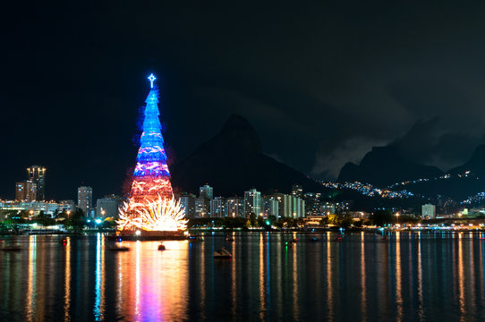 Christmas Tree in the Lake in Rio de Janeiro at Night