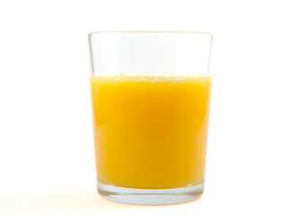 Glass of orange juice on white background.