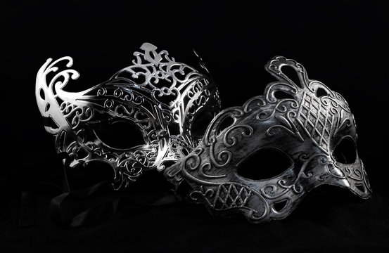 Carnival and masquerade silver colored theatrical masks.