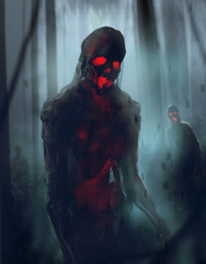 Risen skeleton zombies walking in night foggy forest