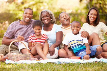 Multi Generation Family Enjoying Picnic In Garden Together