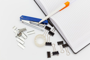 office supplies on a white background top view