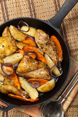 Frying Pan with Roasted chicken thighs. Selective focus.