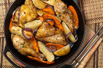 Frying Pan with Roasted chicken thighs. Selective focus.
