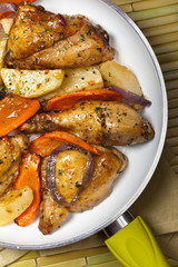 Frying Pan with Roasted chicken thighs. Selective focus.