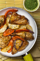 Frying Pan with Roasted chicken thighs. Selective focus.