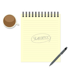 Write success on paper note with pen and coffee cup