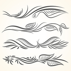 Fototapeta na wymiar Filigree set of leaves calligraphic elements for design.