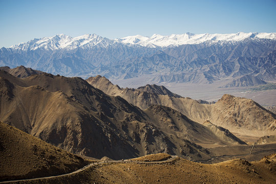 Snow mountain range at road side viewpoint