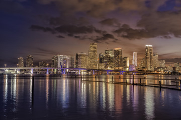 Fototapeta na wymiar Miami city skyline at dusk with urban skyscrapers , Florida