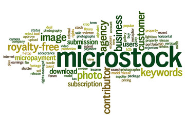 Word cloud containing words related to microstock industry